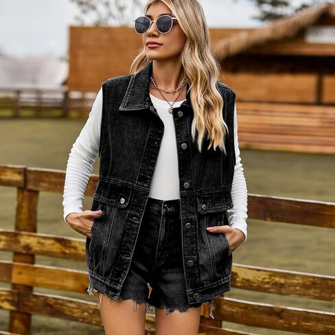 سترة جينز حريمي من قماش الدنيم من Gratoryna مقاس كبير بدون أكمام وأزرار سفلية متوسطة الطول من قماش الدنيم in Kuwait