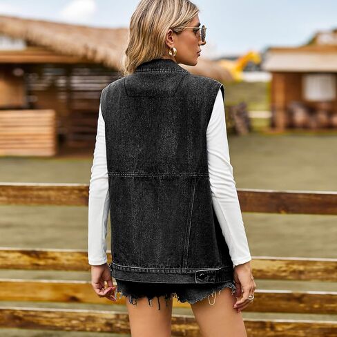 سترة جينز حريمي من قماش الدنيم من Gratoryna مقاس كبير بدون أكمام وأزرار سفلية متوسطة الطول من قماش الدنيم in Kuwait