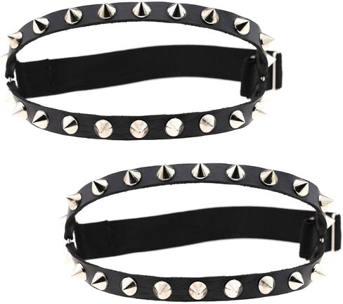 FM FM42 Black PU Simulated Leather Spikes Rivets 2-Layer Adjustable Leg Ring Elastic Garter, Pack of 2 PCs in Kuwait