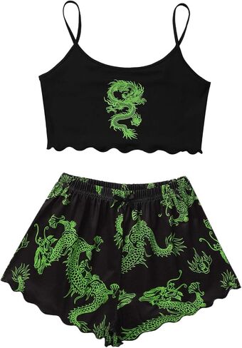 WDIRARA Women's Sleepwear Cute Print Lettuce Trim Cami and Shorts Pajama Set in Saudi Arabia
