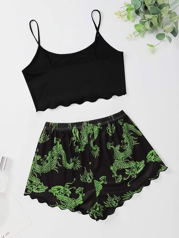 WDIRARA Women's Sleepwear Cute Print Lettuce Trim Cami and Shorts Pajama Set in Saudi Arabia