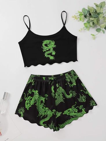 WDIRARA Women's Sleepwear Cute Print Lettuce Trim Cami and Shorts Pajama Set in Saudi Arabia