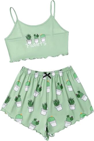 WDIRARA Women's Sleepwear Cute Print Lettuce Trim Cami and Shorts Pajama Set in Saudi Arabia