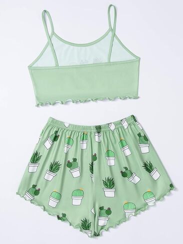 WDIRARA Women's Sleepwear Cute Print Lettuce Trim Cami and Shorts Pajama Set in Saudi Arabia