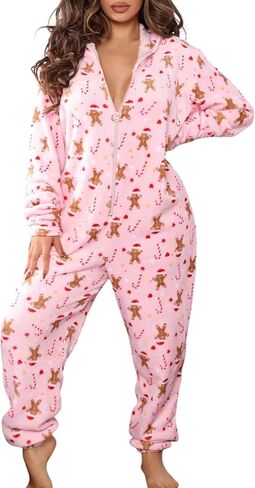 Luckinbaby Christmas Hooded Jumpsuit for Women Zipper Fleece One Piece Pjs Family Holiday Adult Cozy Pajamas Sleepwear in Kuwait