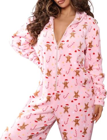 Luckinbaby Christmas Hooded Jumpsuit for Women Zipper Fleece One Piece Pjs Family Holiday Adult Cozy Pajamas Sleepwear in Kuwait