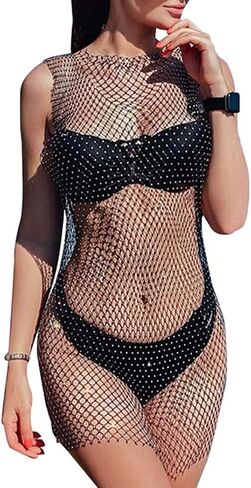 See Through Mesh Rhinestone Hollow Out Split Bikini Swimsuits Sleeveless Fishnet Cover Up Beach Dress for Women and Girls in Saudi Arabia