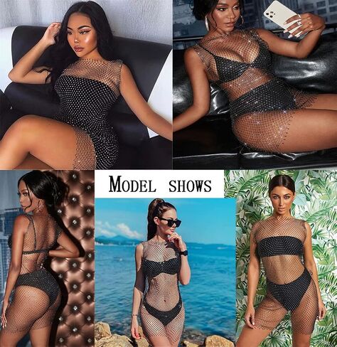 See Through Mesh Rhinestone Hollow Out Split Bikini Swimsuits Sleeveless Fishnet Cover Up Beach Dress for Women and Girls in Saudi Arabia