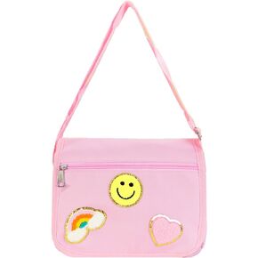 شنطة كروس من القماش مع رقعة بريبي لطيفة للنساء والفتيات، شنطة كتف كاجوال للطلاب، شنطة مدرسية ساتشيل بلون زهري in Kuwait