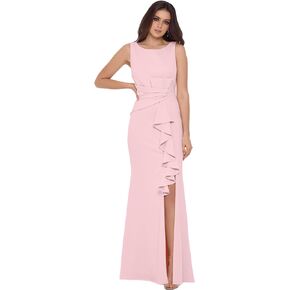 Betsy & Adam Women's Long Sleeveless Boat Neck Ruffle Side Slit Scuba Crepe Gown in Kuwait