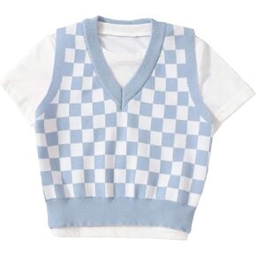 Floerns Girls Checker Print V Neck Sleeveless Sweater Vest Tank Top