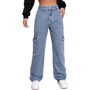 Metietila Women's High Waisted Cargo Jeans Stretch Wide Leg Denim Pants Trendy in Kuwait