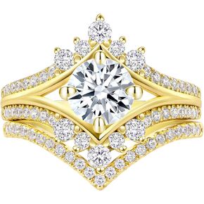 SHELOVES Vintage Crown Shape Wedding Engagement Ring Sets Rose Gold Sterling Silver Chevron Stacking Band 5-10