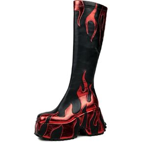 women’s side zipper high heeled Flames Printing Chunky sole boots Short boots round toe boots