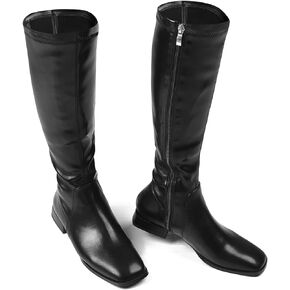 GENSHUO Knee High Boots for Women Comfy Flat Heel Vintage Square Toe Fall Winter Solid Side Zipper Costume Knight Booties