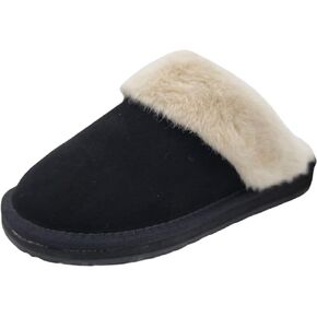 Clarks Womens Open Back Suede Leather Comfort Clog Slipper JMS0583C - Plush Faux Fur Trim - Indoor Outdoor House Slippers For Women