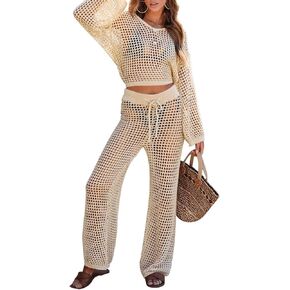 Pink Queen Women's Swimsuit Cover Up Set 2 Piece Crochet Long Sleeve Crop Top Wide Leg Pants Beach Coverups Outfits