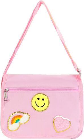 شنطة كروس من القماش مع رقعة بريبي لطيفة للنساء والفتيات، شنطة كتف كاجوال للطلاب، شنطة مدرسية ساتشيل بلون زهري in Kuwait