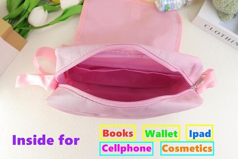 شنطة كروس من القماش مع رقعة بريبي لطيفة للنساء والفتيات، شنطة كتف كاجوال للطلاب، شنطة مدرسية ساتشيل بلون زهري in Kuwait