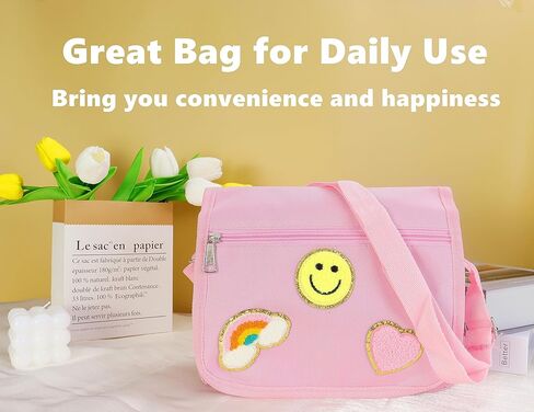 شنطة كروس من القماش مع رقعة بريبي لطيفة للنساء والفتيات، شنطة كتف كاجوال للطلاب، شنطة مدرسية ساتشيل بلون زهري in Kuwait