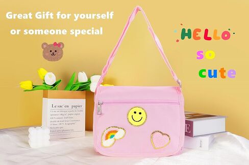 شنطة كروس من القماش مع رقعة بريبي لطيفة للنساء والفتيات، شنطة كتف كاجوال للطلاب، شنطة مدرسية ساتشيل بلون زهري in Kuwait