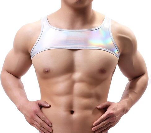 Men's Shiny Metallic Muscle Half Tank Tops Sleeveless Shoulder Chest Strap Harness Costume in Saudi Arabia