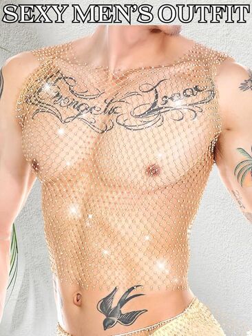 Kaei&Shi Sexy Rave Outfits, Rhinestone Fishnet Shirt, Club Concert Going Out in Kuwait