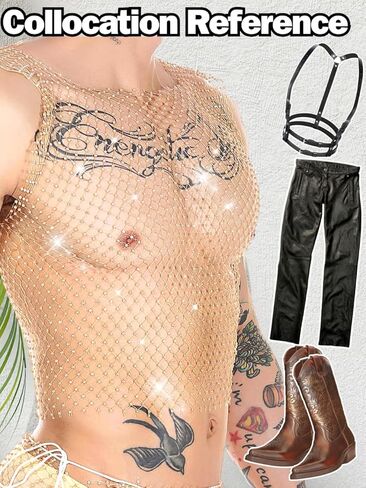 Kaei&Shi Sexy Rave Outfits, Rhinestone Fishnet Shirt, Club Concert Going Out in Kuwait