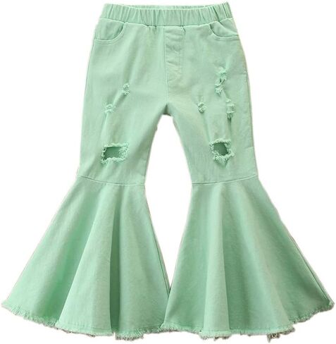 سراويل Flenwgo للفتيات الصغيرات المرنة ذات الخصر الجرس السفلي المدمرة للأطفال الصغار سراويل جينز ضيقة من قماش الدنيم 2-7T in Kuwait