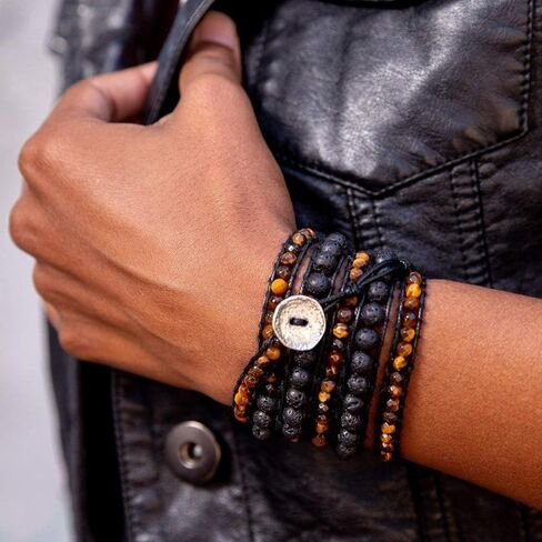 Spirit Wrist Black Lava Stone + Brown Tiger Eye Summit Boho Wrap Bracelet in Kuwait