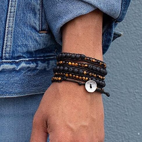 Spirit Wrist Black Lava Stone + Brown Tiger Eye Summit Boho Wrap Bracelet in Kuwait