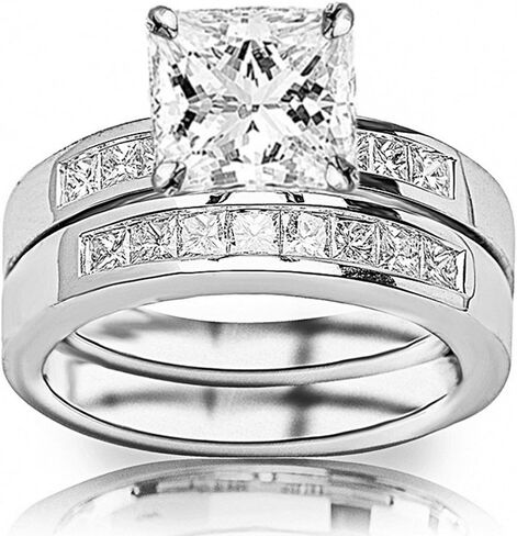 4 Carat Classic Lab Grown Synthetic Princess Channel Princess Wedding Bridal Set IGI Certified Diamond Engagement Ring (3 Ct, H-I Color, VS1-VS2 Clarity Center) in Saudi Arabia