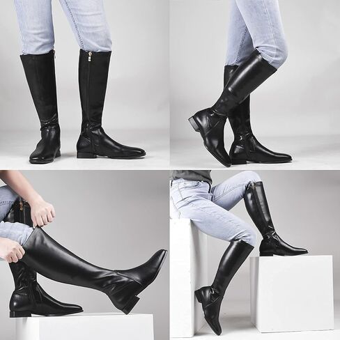 GENSHUO Knee High Boots for Women Comfy Flat Heel Vintage Square Toe Fall Winter Solid Side Zipper Costume Knight Booties in Kuwait