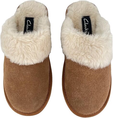 Clarks Womens Open Back Suede Leather Comfort Clog Slipper JMS0583C - Plush Faux Fur Trim - Indoor Outdoor House Slippers For Women in Saudi Arabia