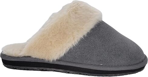 Clarks Womens Open Back Suede Leather Comfort Clog Slipper JMS0583C - Plush Faux Fur Trim - Indoor Outdoor House Slippers For Women in Saudi Arabia