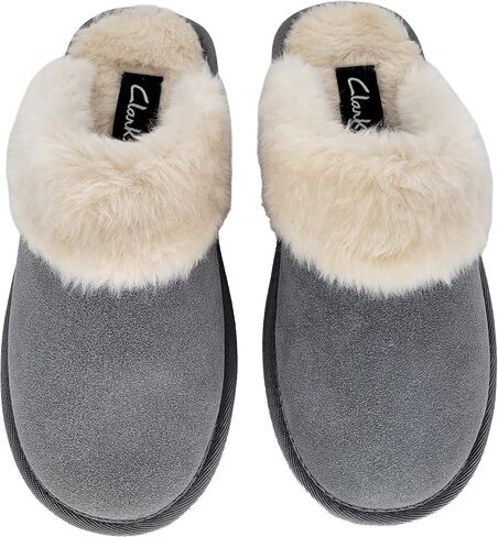Clarks Womens Open Back Suede Leather Comfort Clog Slipper JMS0583C - Plush Faux Fur Trim - Indoor Outdoor House Slippers For Women in Saudi Arabia