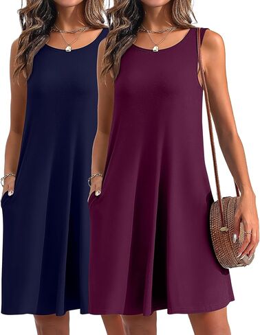 Ficerd 2 Pack فساتين نسائية صيفية غير رسمية، فستان بدون أكمام للشاطئ مع جيوب سادة ورقبة دائرية متأرجحة فساتين الشمس in Kuwait