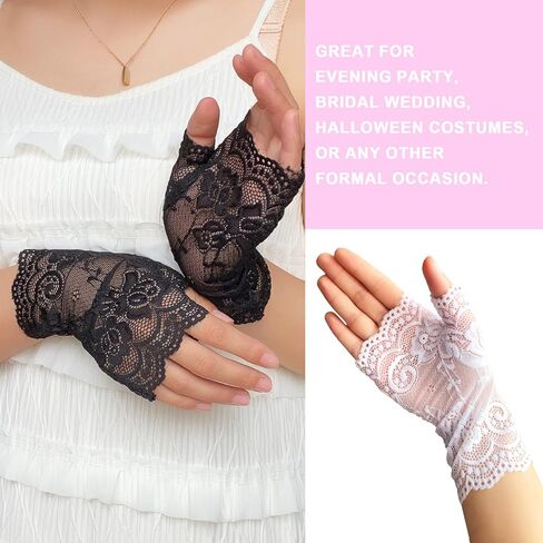 Vinaderhom Women‘s Lace Fingerless Gloves 2 Pairs Short Bridal Lace Gloves for Wedding 80s Costume Theme Tea Party in Kuwait