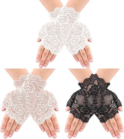 Yolev 3 Pairs Women's Short Lace Gloves Fingerless Floral Gloves Bridal Prom Gloves for Wedding Tea Party Costume Accessories in Saudi Arabia