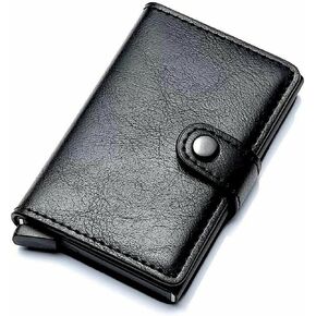 Credit Card Holder RFID Blocking Leather Automatic Pop Up Wallet Aluminum Slim Pocket Bifold Business Card Case with Button (Black)