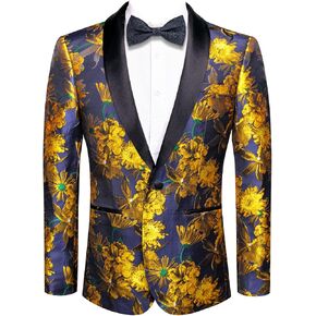 Hi-Tie Blue Gold Daisy Mens Floral Suit Blazer Shawl Lapel One Button Long Sleeve Slim Fit Dress Suit Dinner Formal in Kuwait