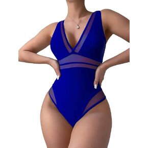 SOLY HUX Women's Mesh One Piece Swimsuit Deep V Neck Sleeveless Bathing Suit Monokini Swimwear in Kuwait