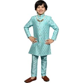 AHHAAAA Silk Blend Kids Indian Ethnic traditional Party Wear Sequin Print Indo-Western Sherwani Set For Boys