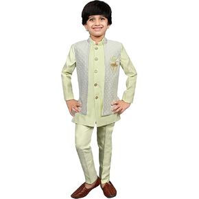 AHHAAAA Kids Indian Ethnic Silk Blend Waistcoat Kurta Pyjama Set Traditional Wear Bollywood Style Wedding Dress for Boys