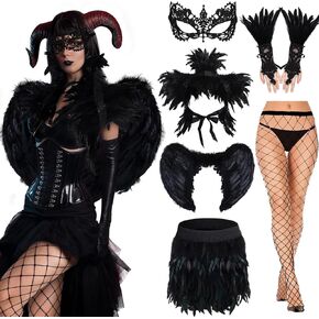 Mepase 6 Pcs Halloween Feather Costume Accessories Gothic Black Faux Feather Shrug Shawl Shoulder Wrap Cape Black Angel Wings Skirt Lace Long Gloves Witch Spider Web Lace Masquerade Mask in Saudi Arabia