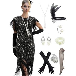 فساتين LELOVEFU للسيدات من العشرينيات من القرن العشرين مستوحاة من الشرابة والترتر للحفلات الراقصة مع مجموعة إكسسوارات 20s in Kuwait