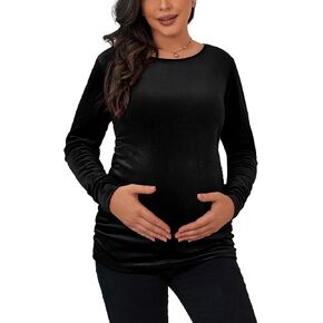 جينكانا خمر الأمومة المخملية القمم قمصان طويلة الأكمام Ruched الجانبين الدافئة القطيفة الحمل المحملة الخريف الأمومة بلوزة الملابس in Kuwait