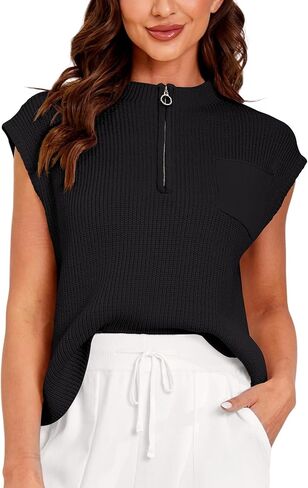 GoyRrbay Women Sleeveless Knit Zip Sweater Vest Loose Fit Mock Neck Casual Tank Top with Front Pocket in Saudi Arabia