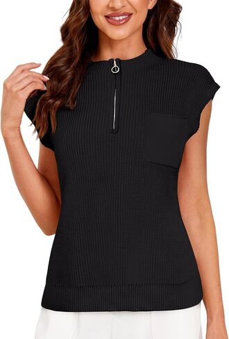 GoyRrbay Women Sleeveless Knit Zip Sweater Vest Loose Fit Mock Neck Casual Tank Top with Front Pocket in Saudi Arabia