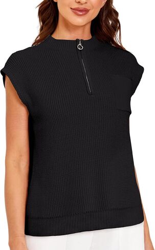 GoyRrbay Women Sleeveless Knit Zip Sweater Vest Loose Fit Mock Neck Casual Tank Top with Front Pocket in Saudi Arabia